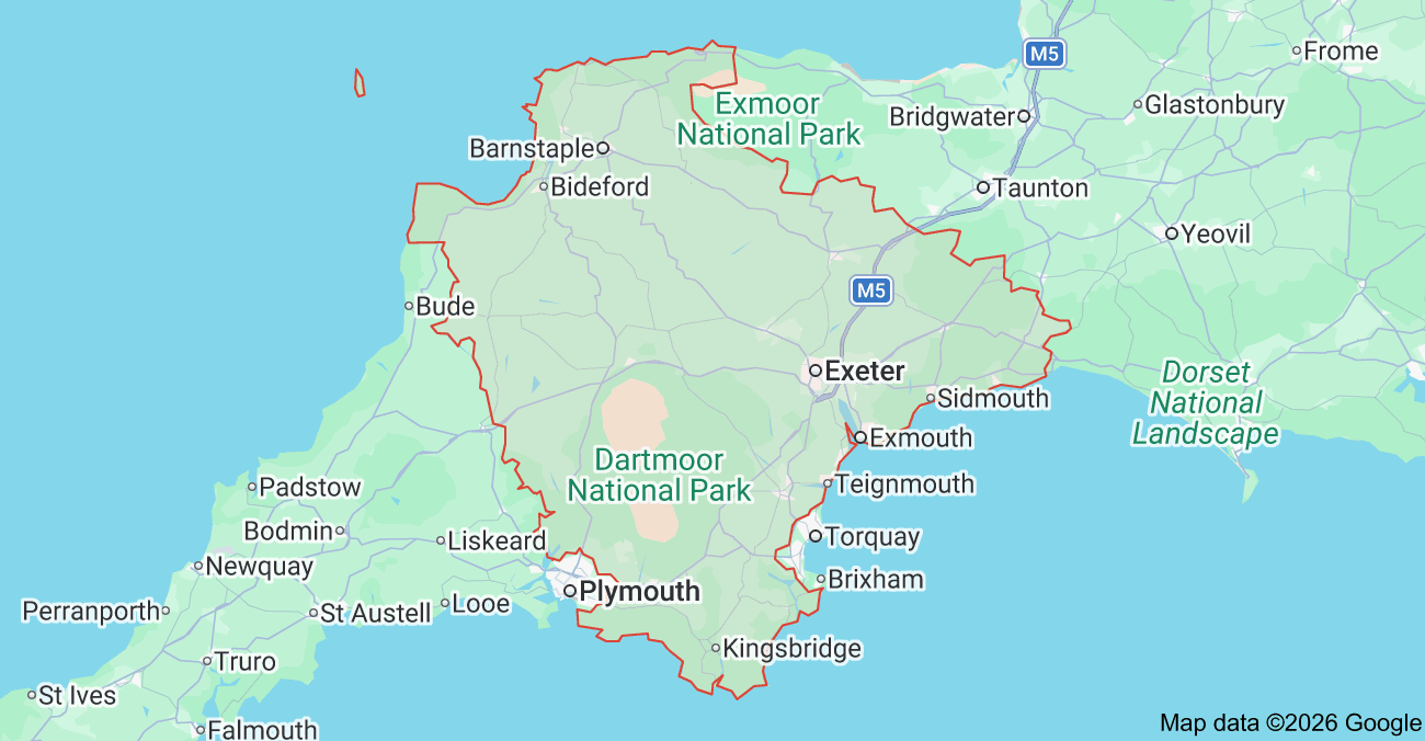 Map of Devon showing the CMH Services coverage area, based in Dawlish